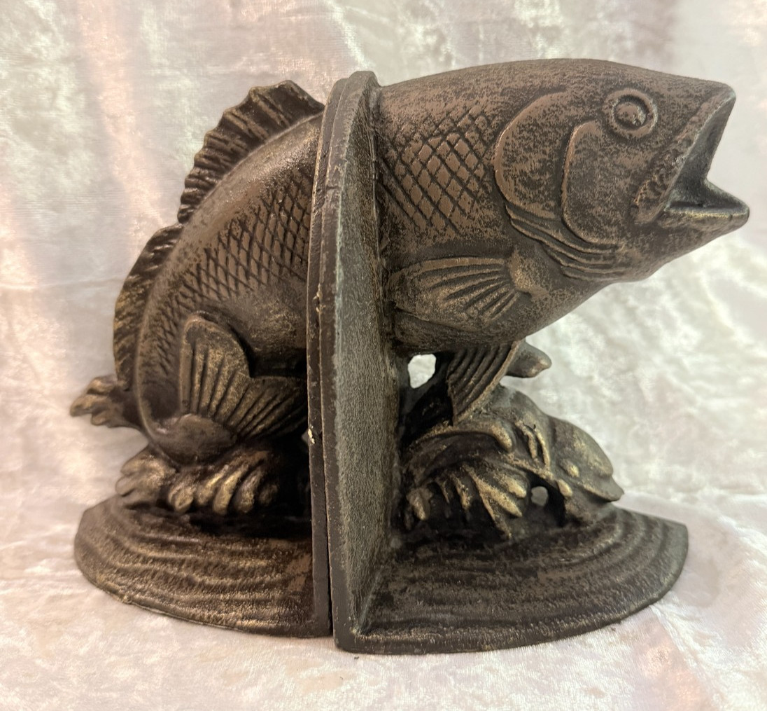Vintage Cast Iron Fish Bookends Pair Large Mouth Bass Fishing Decor