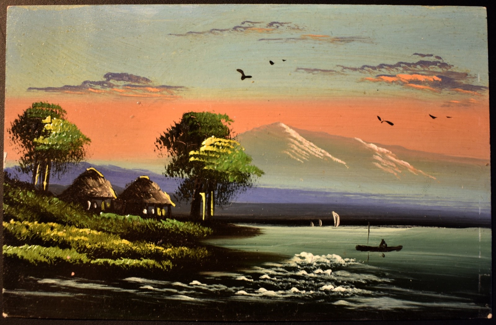 Original Oil Painting Postcard - Scene w/ mountains, boat, huts, trees - UNIQUE Original Oil Painting Postcard - Scene w/ mountains, boat, huts, trees - UNIQUE