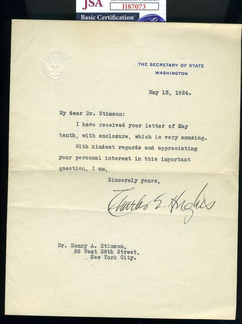 Charles Evans Hughes JSA Signed Supreme Court Justice 1924 Letter Autograph Charles Evans Hughes JSA Signed Supreme Court Justice 1924 Letter Autograph