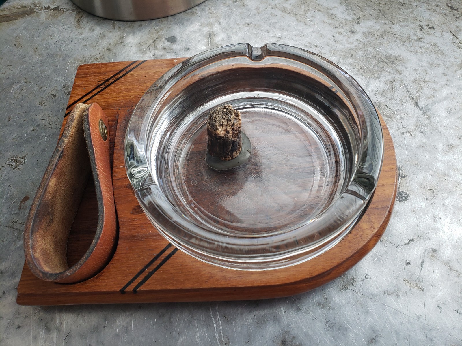 Vtg MCM Tobacco Pipe Ashtray Combination Station Cork Leather Strap Vtg MCM Tobacco Pipe Ashtray Combination Station Cork Leather Strap