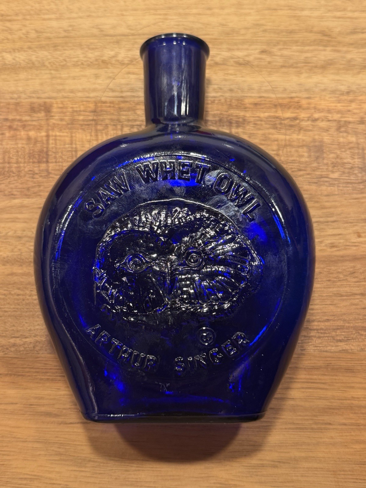 Vintage Arthur Singer Saw Whet Owl Bird Blue Glass Bottle Clevenger Brothers Vintage Arthur Singer Saw Whet Owl Bird Blue Glass Bottle Clevenger Brothers