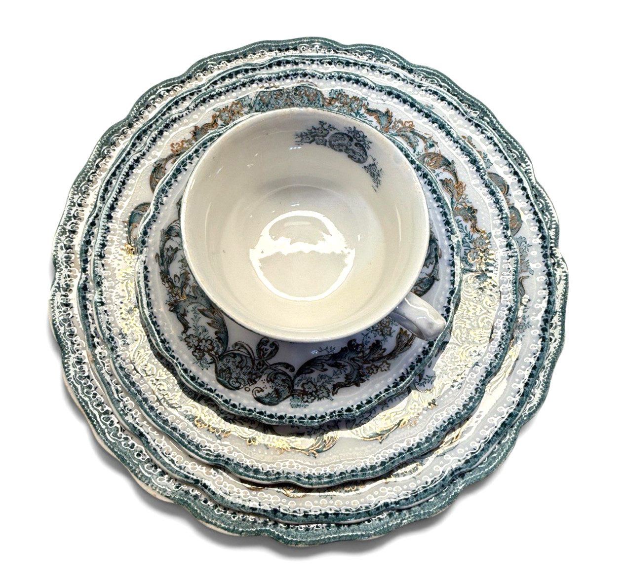 Antique Wood & Son Madras Teal Transferware 76 Pc Dinnerware Set c 1907 Stunning Antique Wood & Son Madras Teal Transferware 76 Pc Dinnerware Set c 1907 Stunning