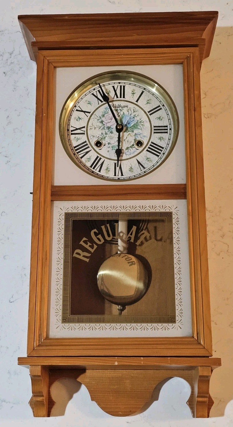 Vintage Waltham Regulator 31 Day Floral Chime Wall Clock Solid Oak with Key