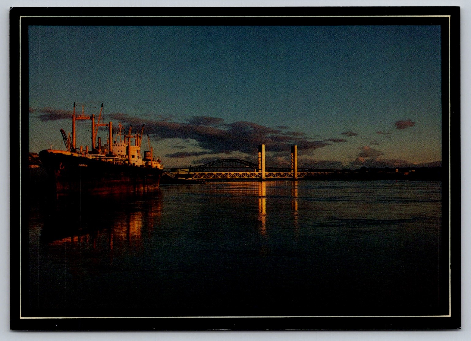 Freighter Loading Portsmouth ME Postcard Dexter Press Sunset Bridge View Freighter Loading Portsmouth ME Postcard Dexter Press Sunset Bridge View