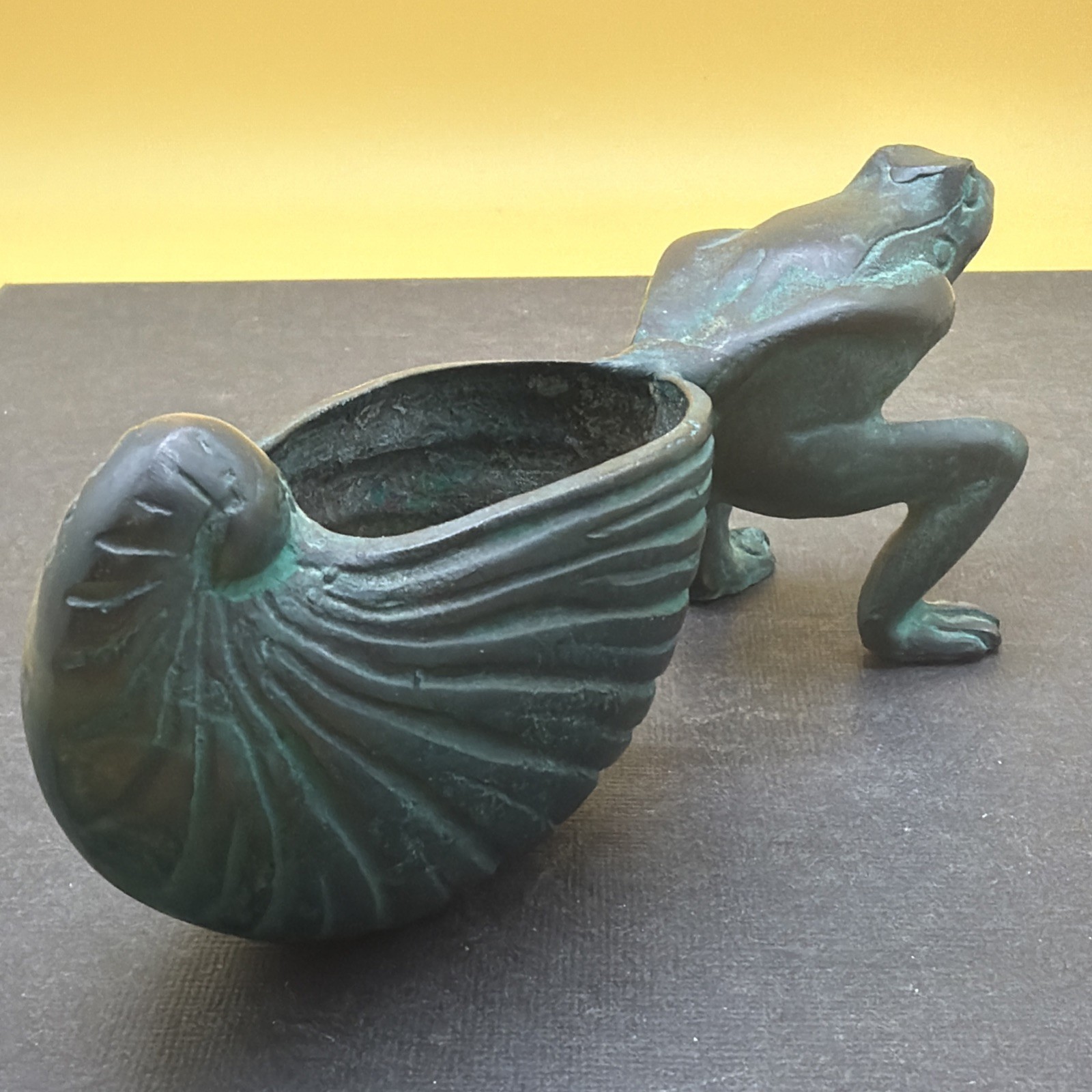 Vintage Solid Bronze Frog Pulling Shell/ Snail Planter 7” Long Nice Patina Vintage Solid Bronze Frog Pulling Shell/ Snail Planter 7” Long Nice Patina