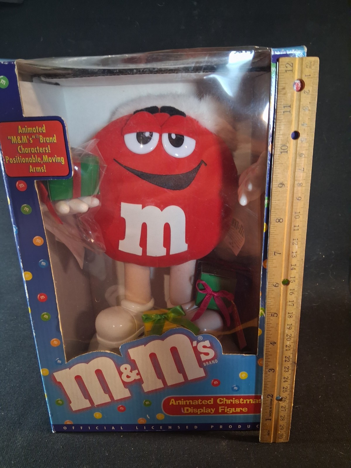 Christmas Vintage M&M Red Animated Display Figure Presents Ribbons White Stand Christmas Vintage M&M Red Animated Display Figure Presents Ribbons White Stand