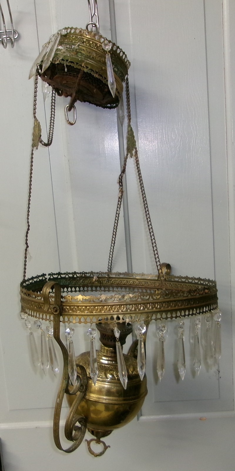 Antique Victorian Hanging Oil Lamp Frame Prisms - Repair Parts Restoration Antique Victorian Hanging Oil Lamp Frame Prisms - Repair Parts Restoration