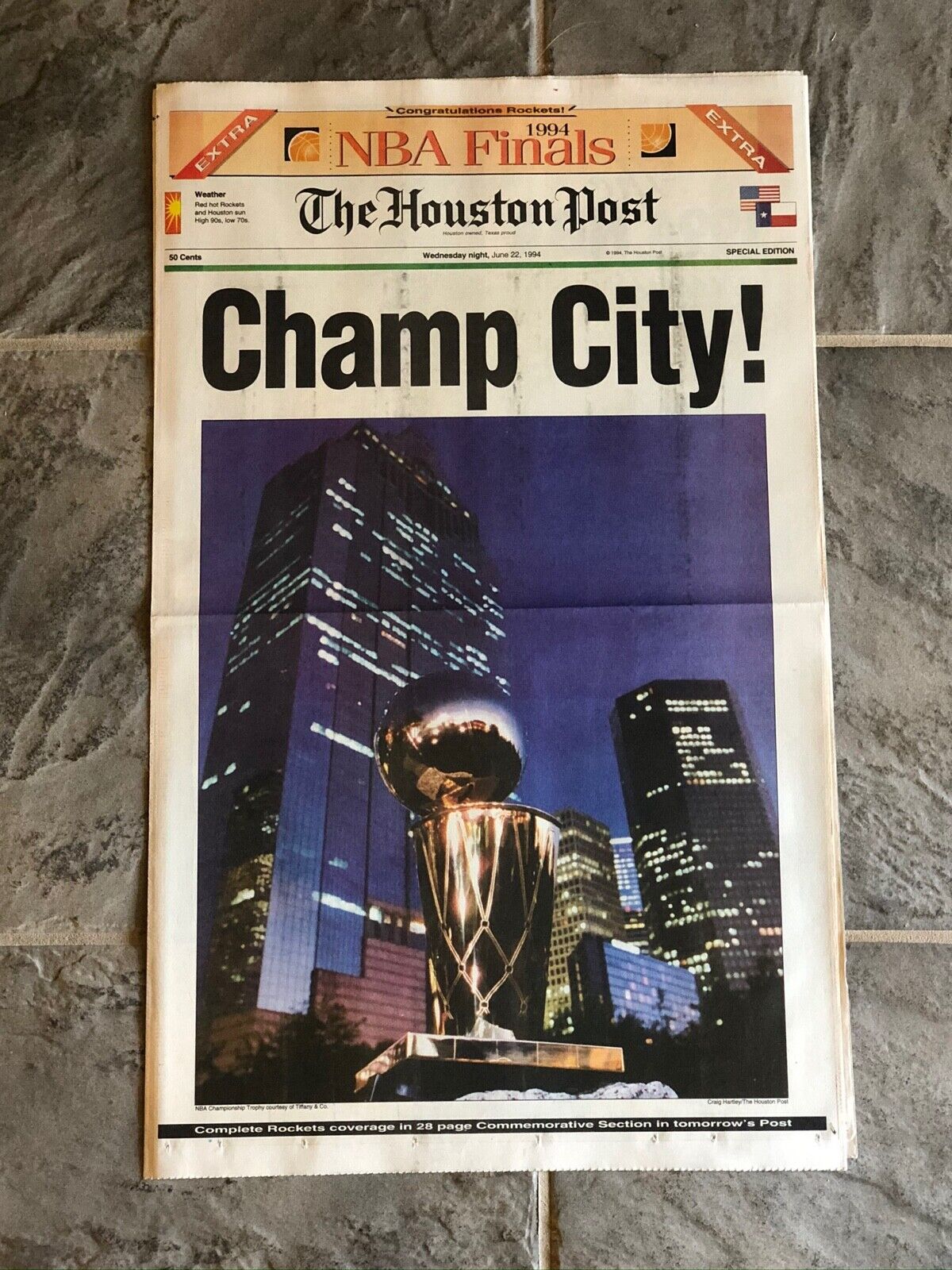 1994 Houston Rockets Basketball Newspaper. NBA Champions.  Hakeem Olajuwon