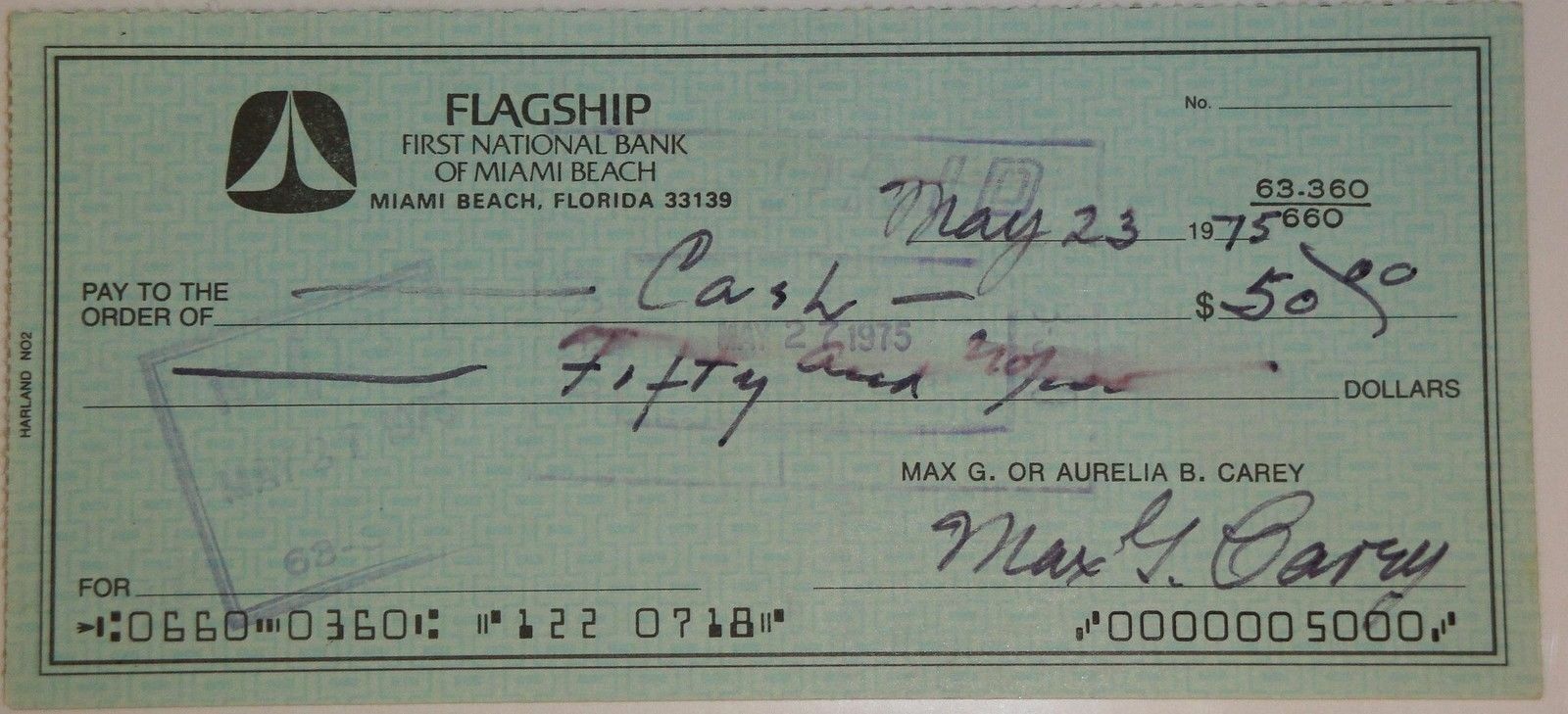 Max Carey Hand Signed Autographed Personal Check $50.00