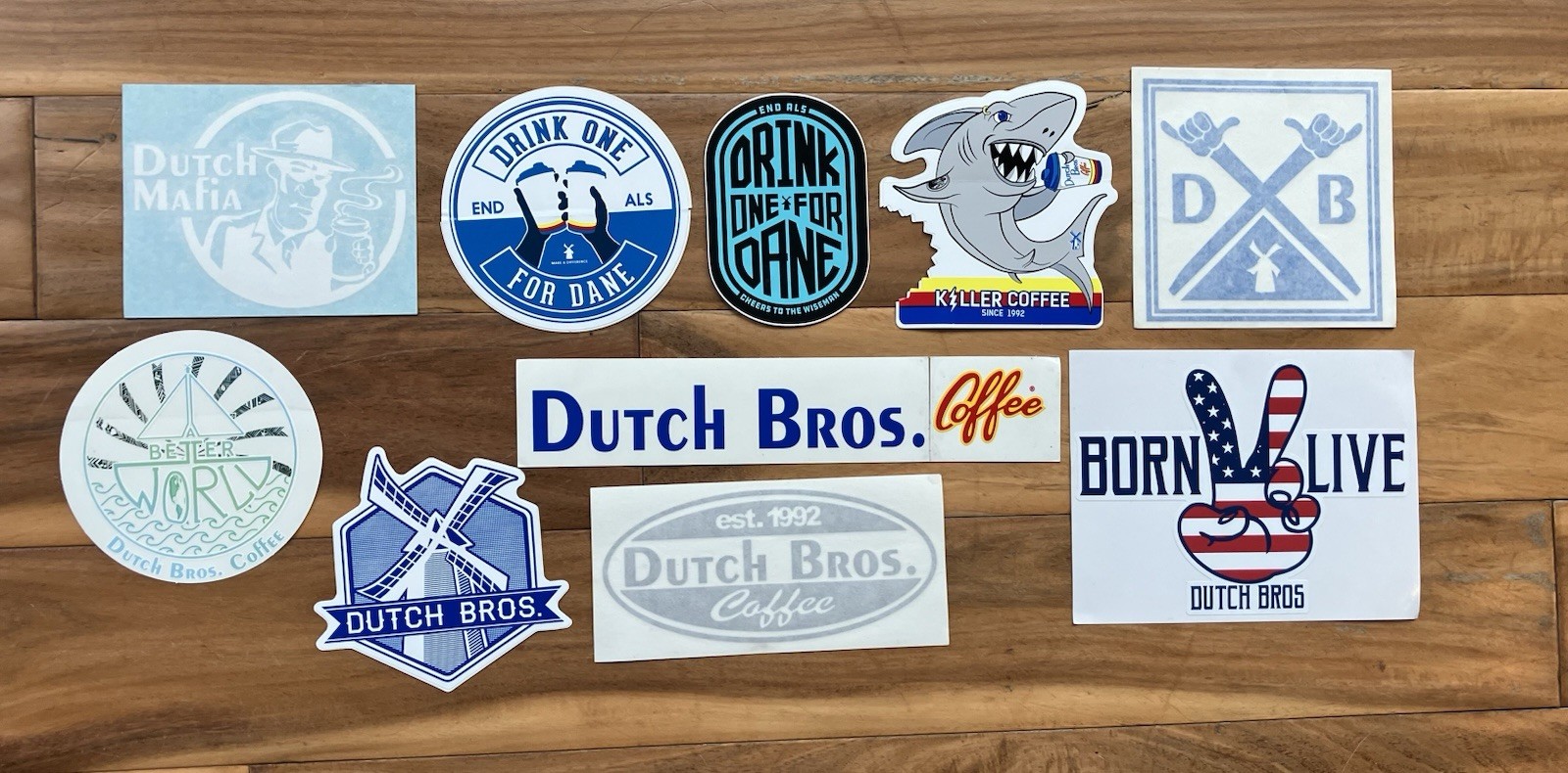 Vintage Lot Dutch Bros Stickers Born 2 Live USA Flag, Drink One For Dane READ