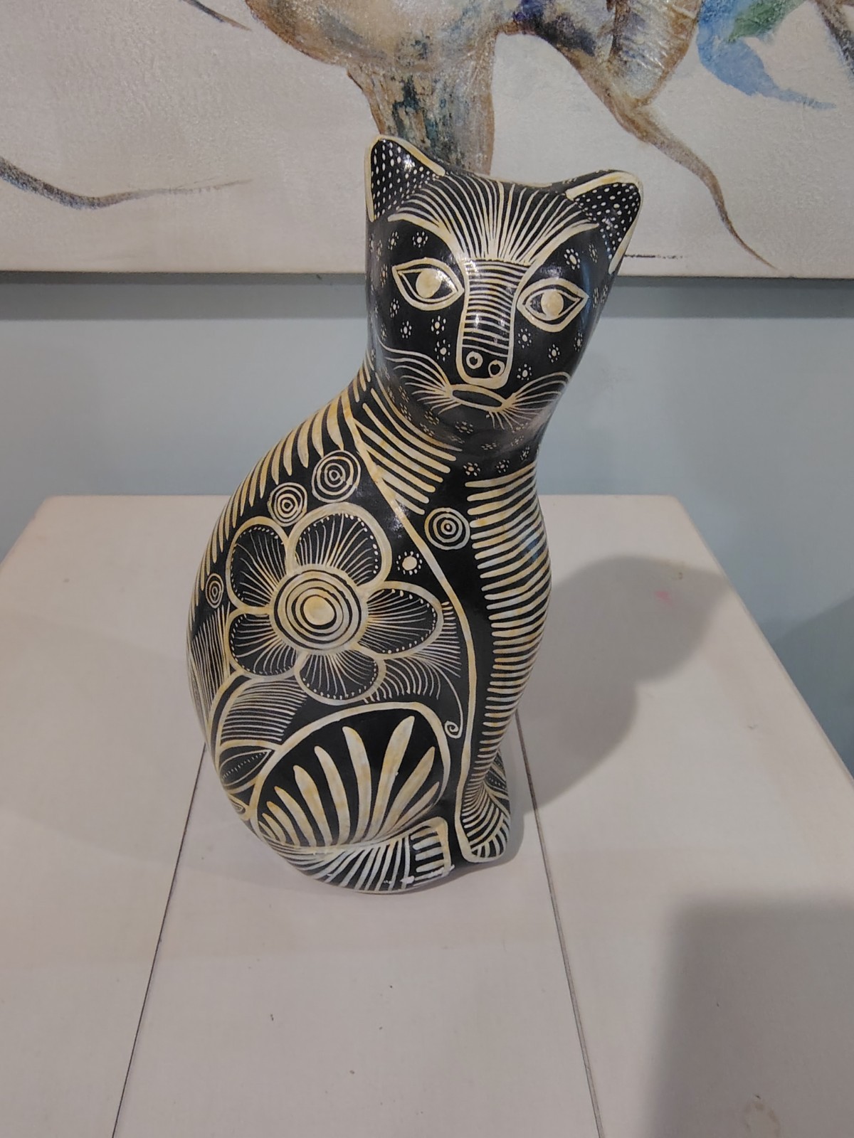 Vintage Folk Art Black & White Carved Pottery Cat Coin Bank Figurine 13.5 Vintage Folk Art Black & White Carved Pottery Cat Coin Bank Figurine 13.5