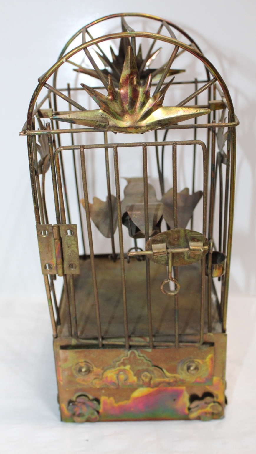 Vintage Automated Bird Cage Brass Metal Folk Art Music Box Plays Bird Swings Vintage Automated Bird Cage Brass Metal Folk Art Music Box Plays Bird Swings