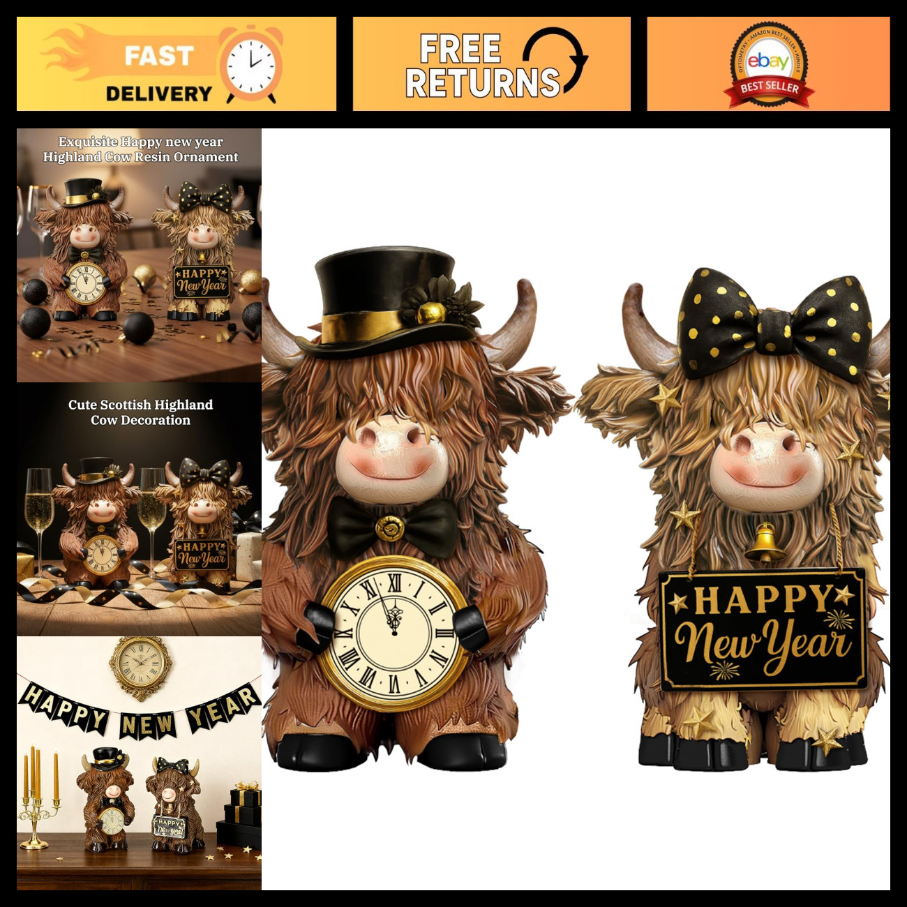 2 Pcs Highland Cow Figurines - Happy New Year Decor & Unique Gift Ideas 2 Pcs Highland Cow Figurines - Happy New Year Decor & Unique Gift Ideas