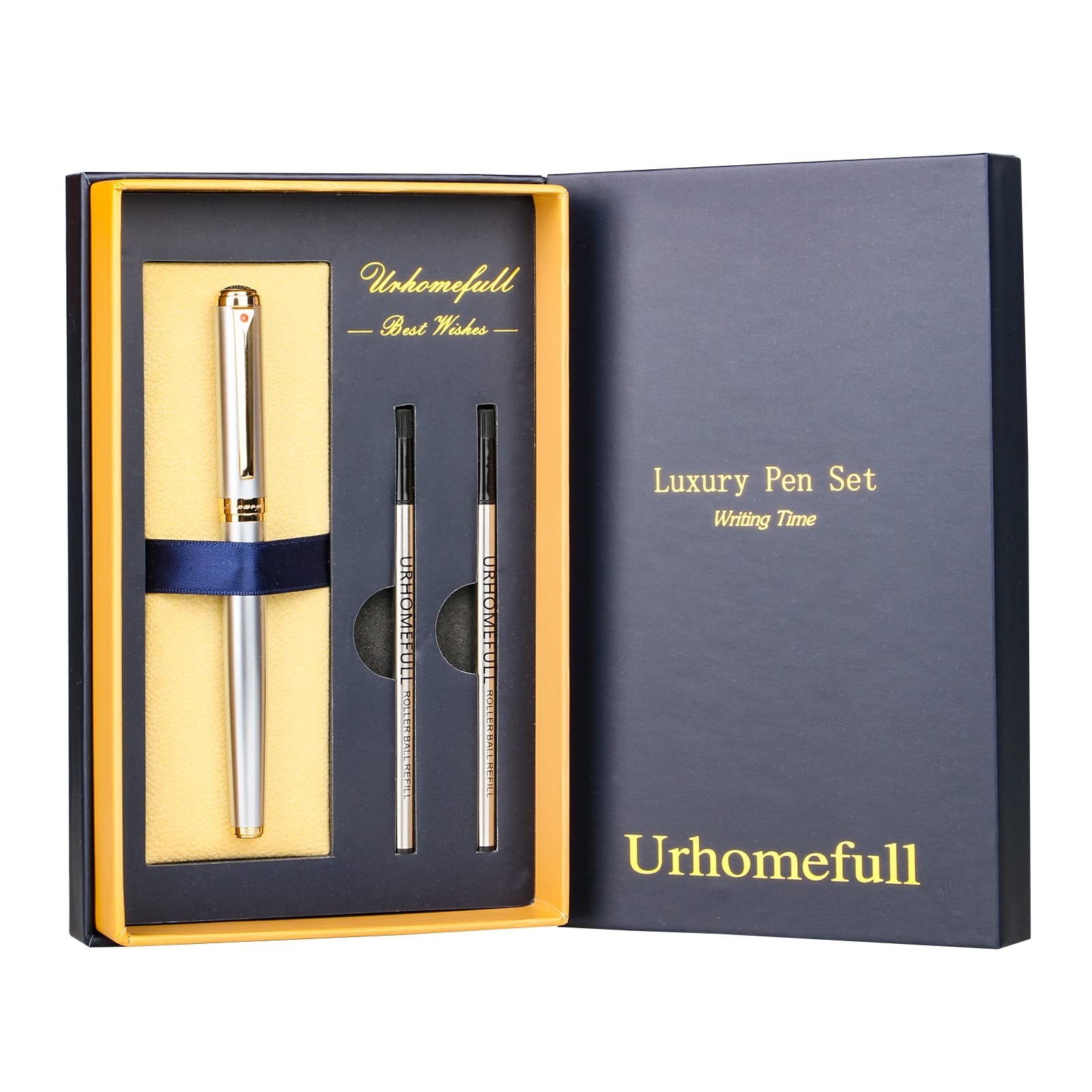 Luxury Rollerball Pen 24K Gold Trim, Black Ink Refills, Perfect Gift Set for Men