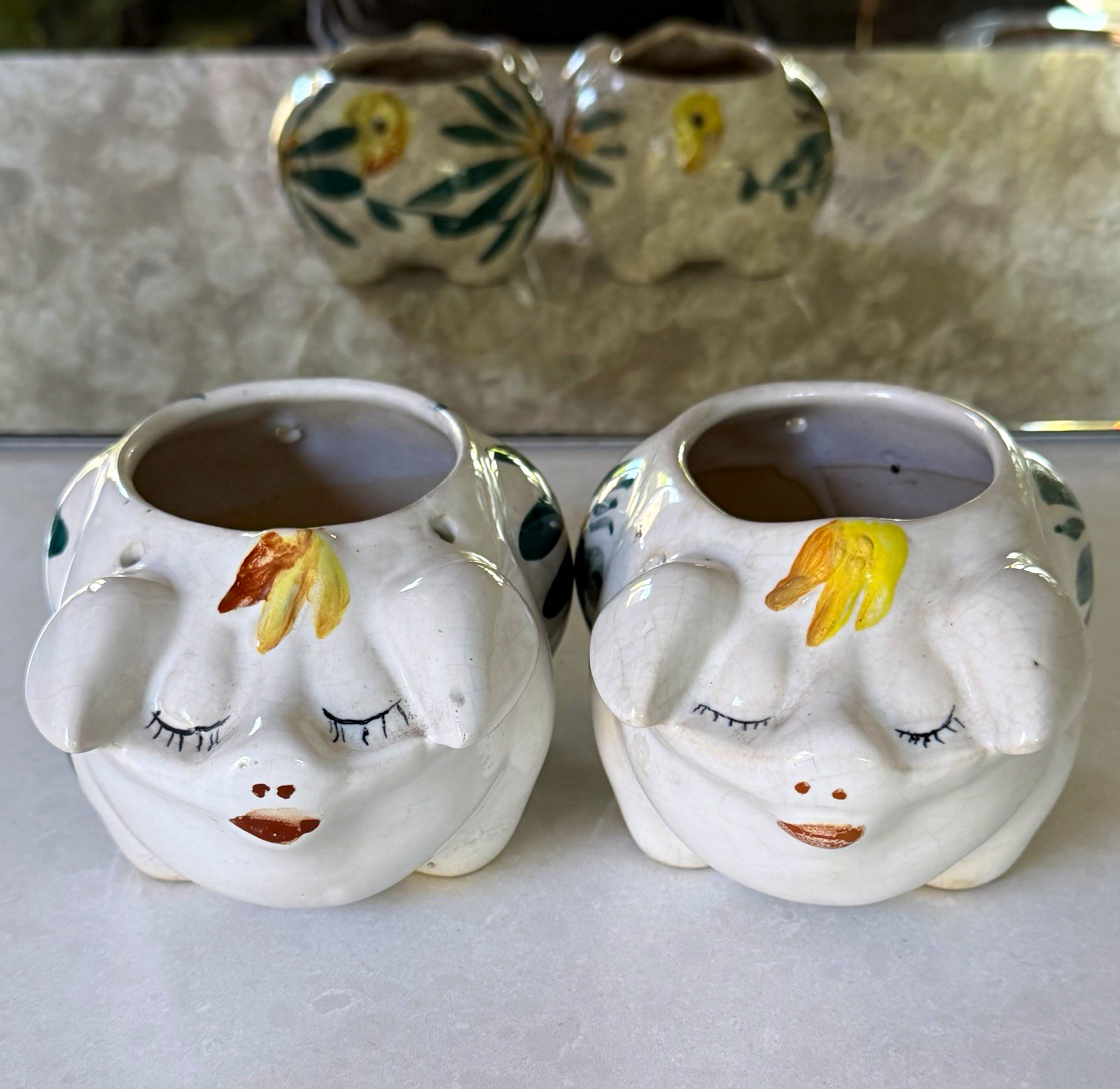 Pair Vintage Ceramic Pig Planters Hand Painted Floral Sleepy Eyes MCM