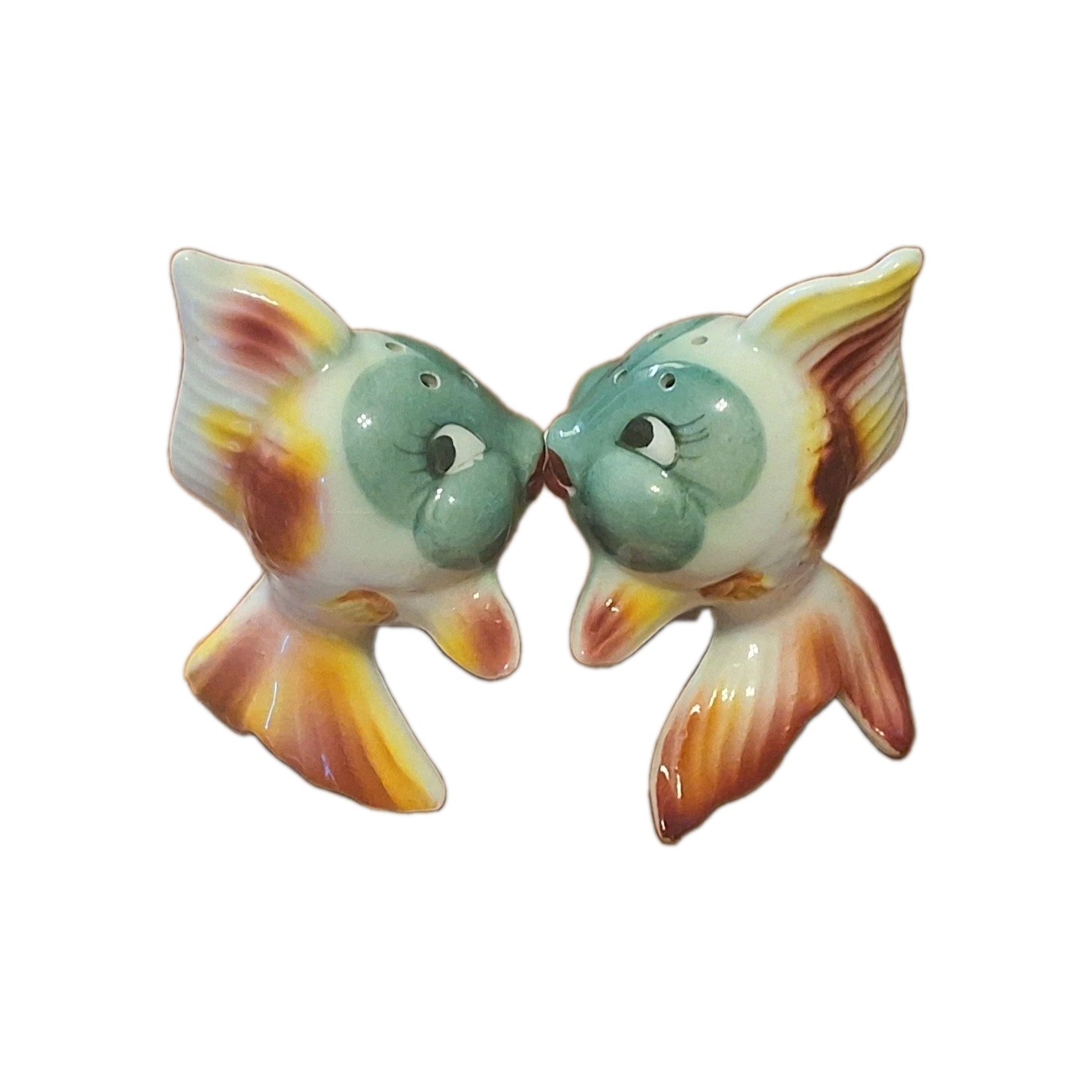 Vintage 1950 Japan Kissing Fish Anthropomorphic Salt & Pepper Shaker Set Kitschy