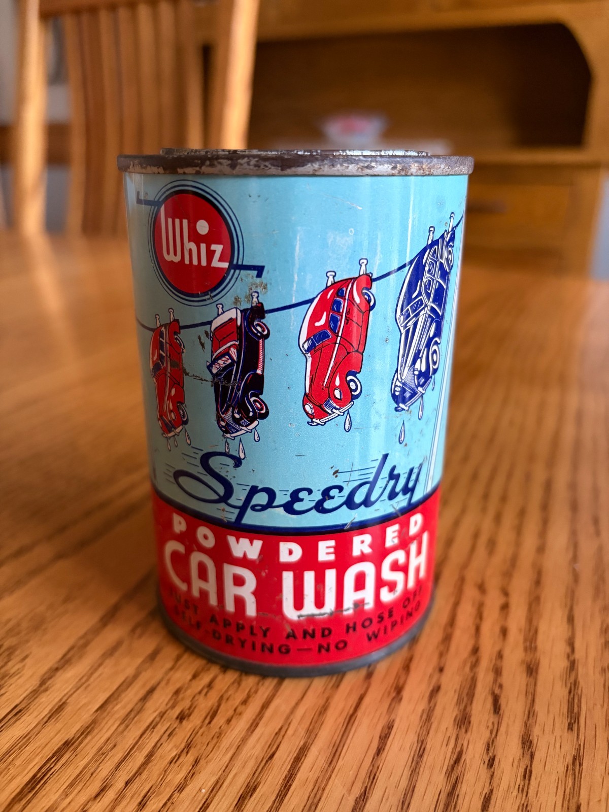Vintage 1940s 6oz. Size Whiz Speedry Car Wash Lithographed Advertising Tin Can