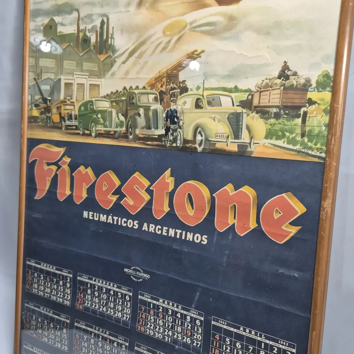 ANTIQUE FIRESTONE ARGENTINA TIRES 1943 WWII CALENDAR FRAME \ ANTIQUE FIRESTONE ARGENTINA TIRES 1943 WWII CALENDAR FRAME \