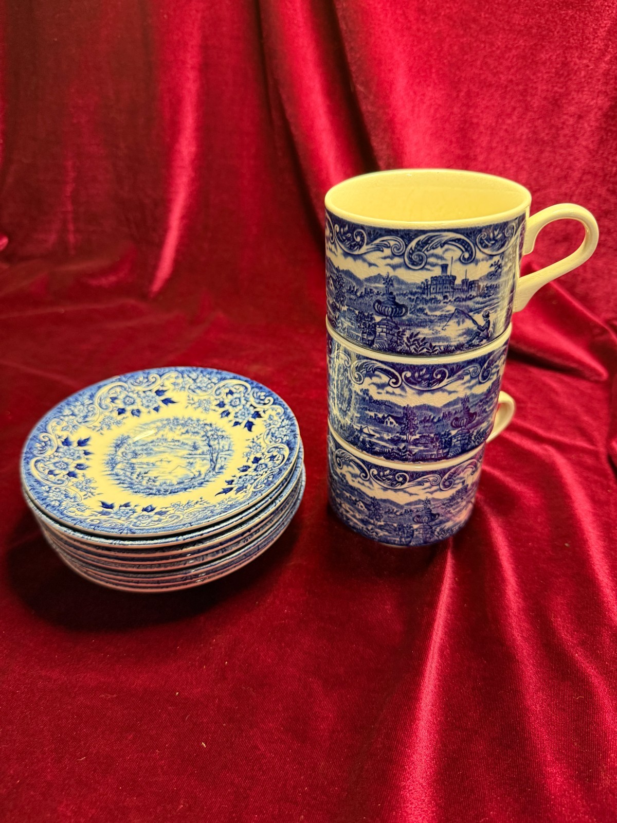 Vintage Ironstone Broadhurst English Scene cups and saucers, c. 1950s-1970s Vintage Ironstone Broadhurst English Scene cups and saucers, c. 1950s-1970s