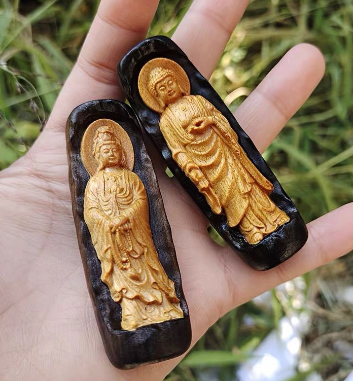 2pcs Grade A Natural Wood Carving Guanyin Rulaifo Buddha Couple Blessing Pendant 2pcs Grade A Natural Wood Carving Guanyin Rulaifo Buddha Couple Blessing Pendant