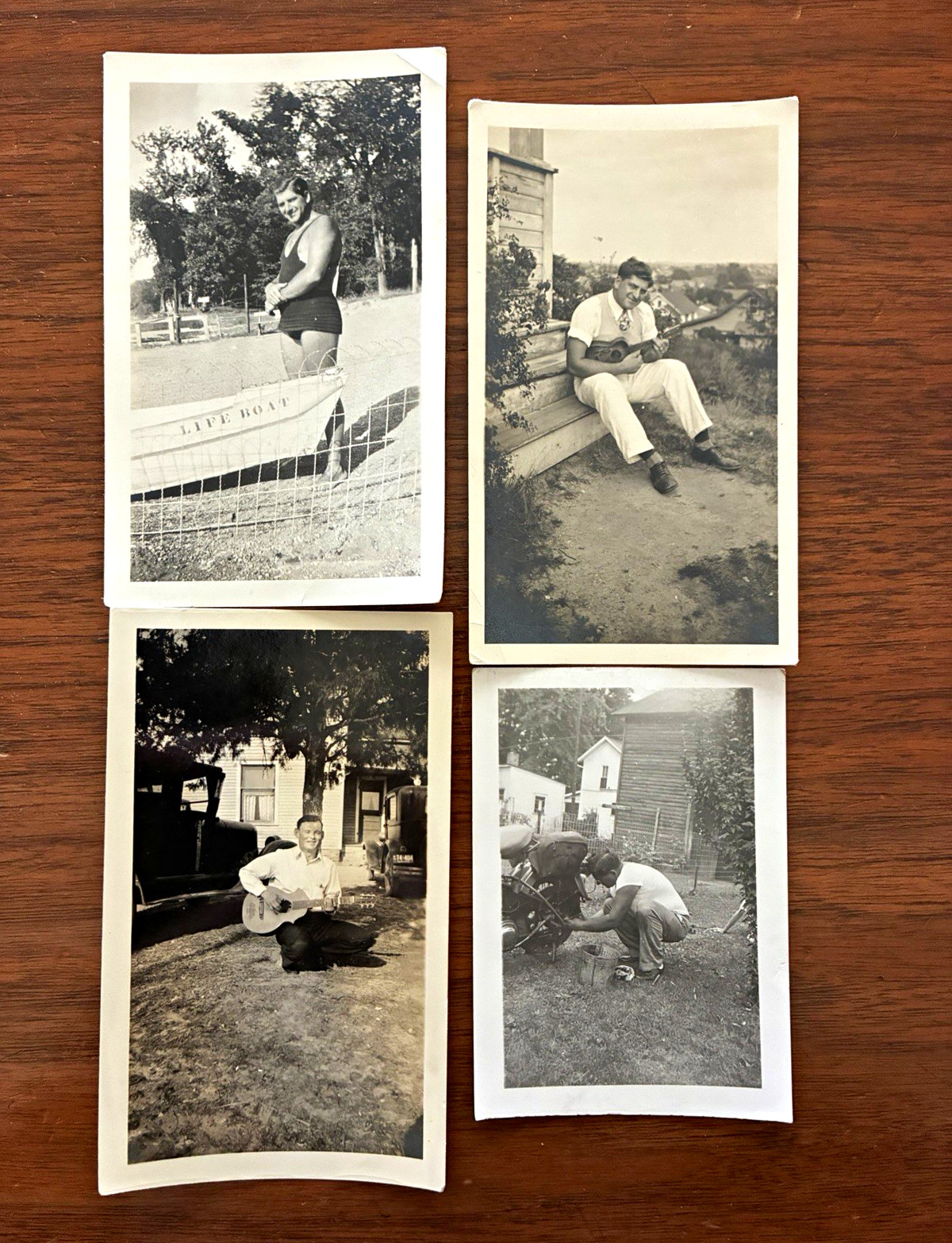 4 Original 1930s B&W Photos Men bathing suit motorcycle Guitar gay interest 4 Original 1930s B&W Photos Men bathing suit motorcycle Guitar gay interest