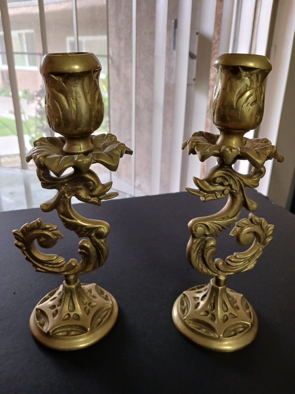 Antique 19c Brass Decorative Art Candlesticks Detailed Pair Candle Holders 1800s