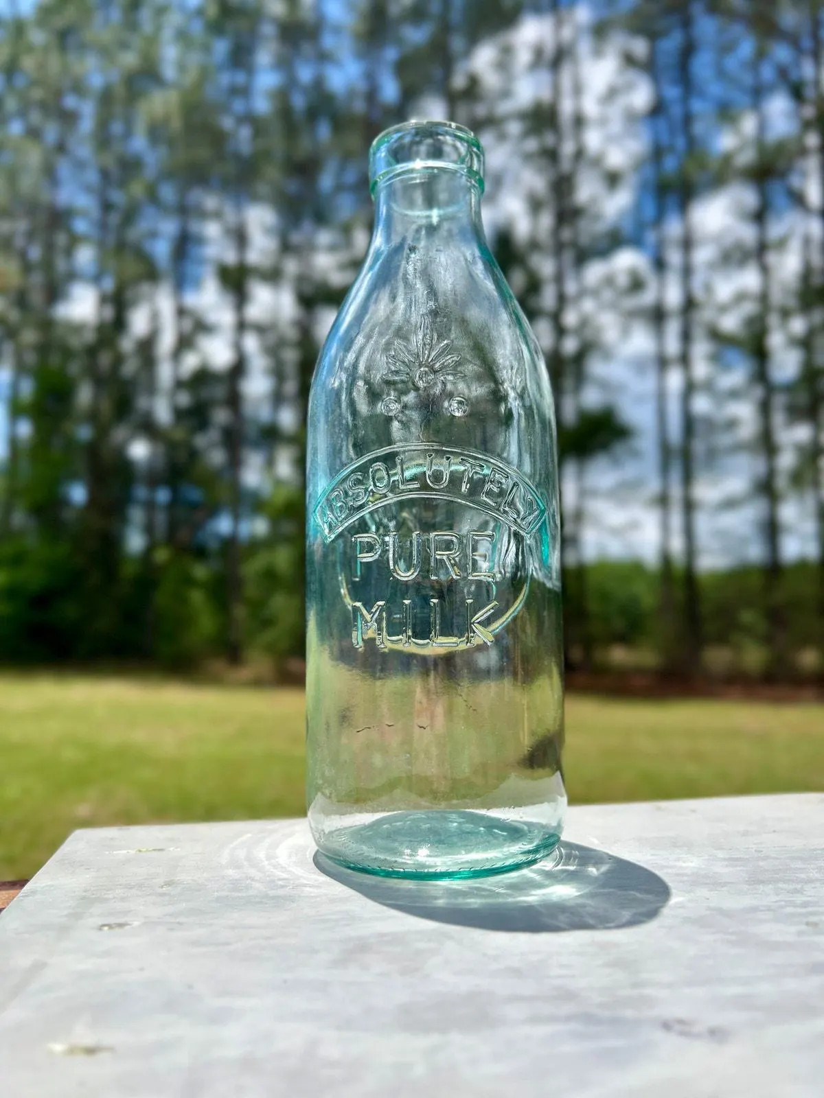 Vintage Absolutely Pure Milk Bottle Aqua Glass Embossed Cow Quart Dairy Bottle Vintage Absolutely Pure Milk Bottle Aqua Glass Embossed Cow Quart Dairy Bottle