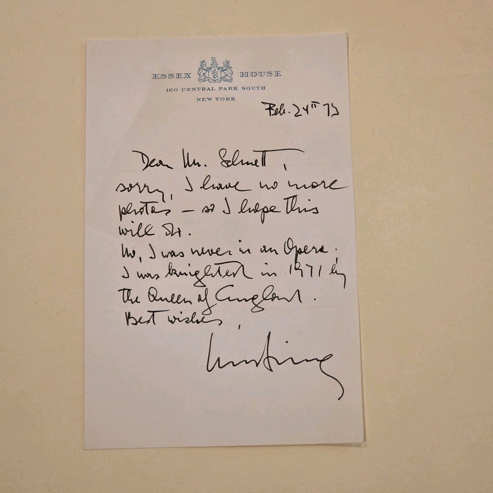 Sir Rudolf Bing New York Met Opera Handwritten Signed Letter Autograph Auto NY Sir Rudolf Bing New York Met Opera Handwritten Signed Letter Autograph Auto NY