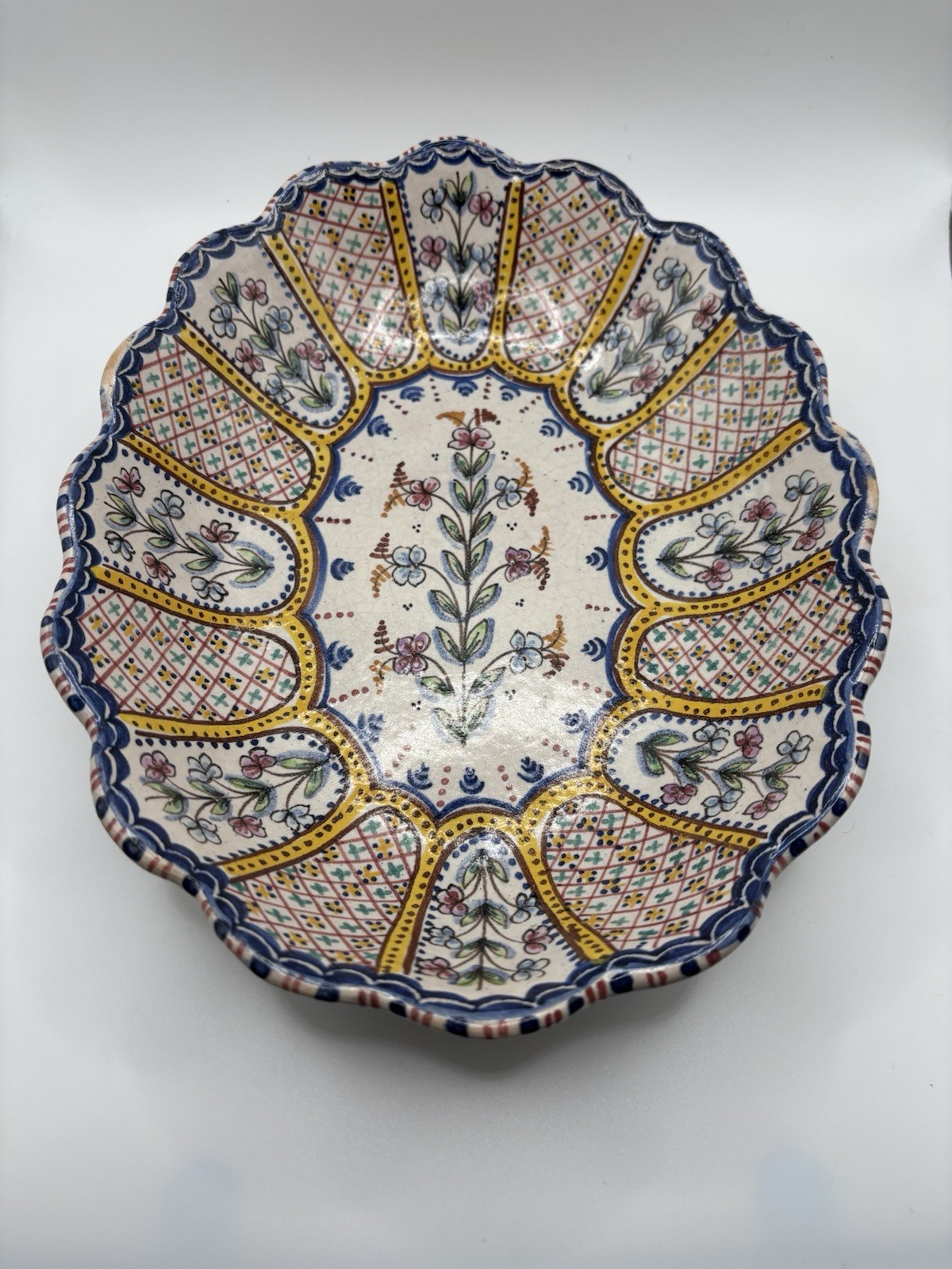 Antique French Faience Scalloped Bowl Hand Painted Floral Lobed Centerpiece 1890