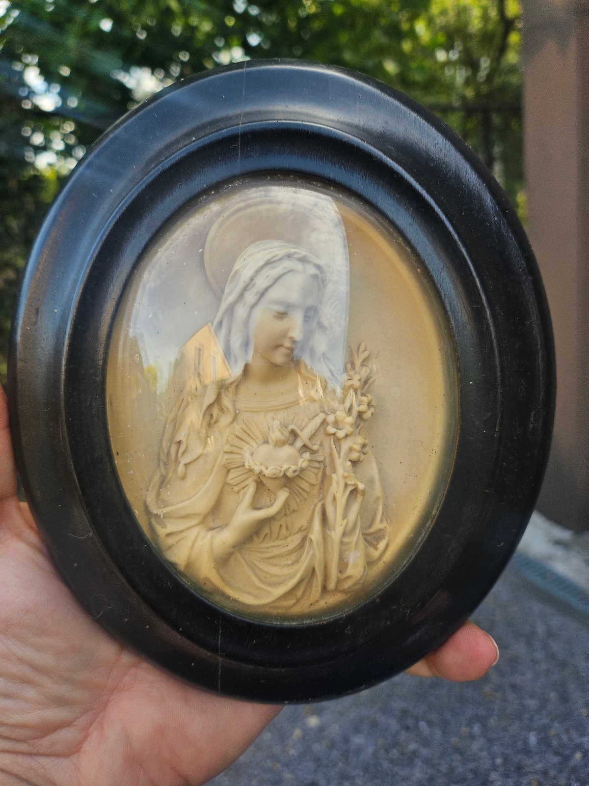 Antique pipeclay bas relief Immaculate Heart Of MAry wall plaque 19thc Antique pipeclay bas relief Immaculate Heart Of MAry wall plaque 19thc