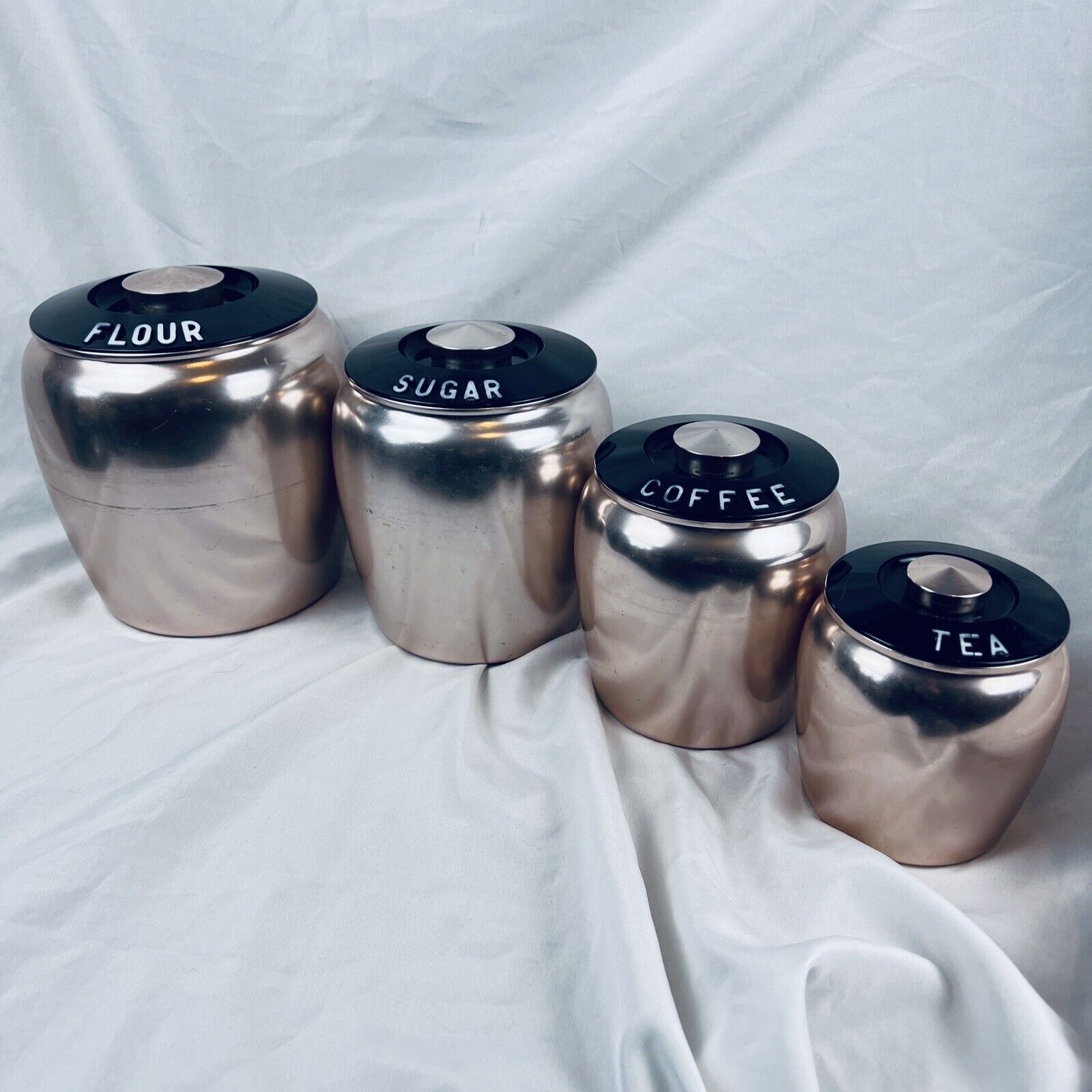 Vintage Kromex Aluminum Copper Canister Set Retro Kitchen~FLOUR SUGAR COFFEE TEA