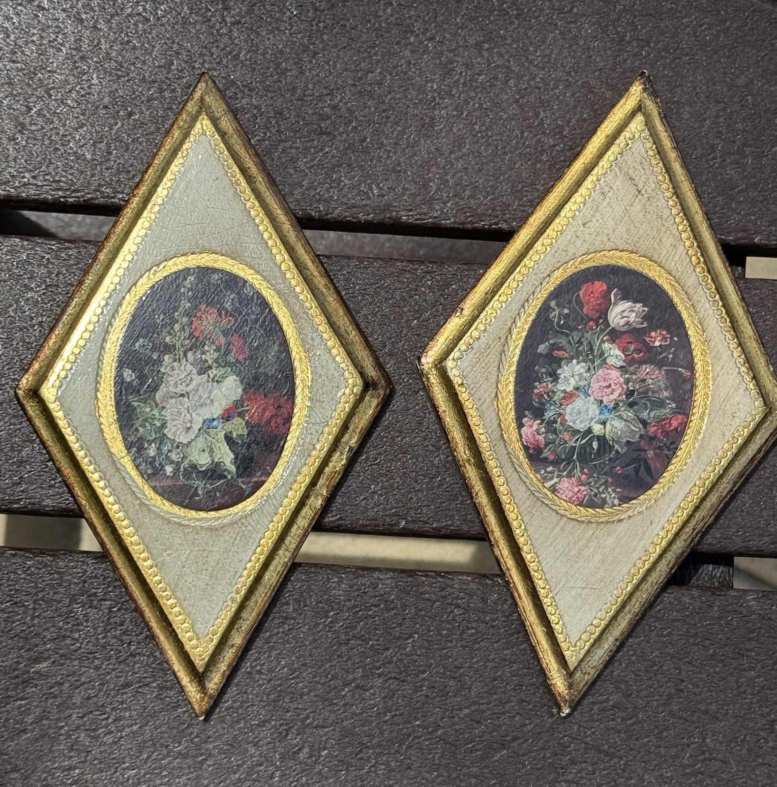 2 Vintage Florentine Wooden Diamond Wall Plaques Italy Gilded