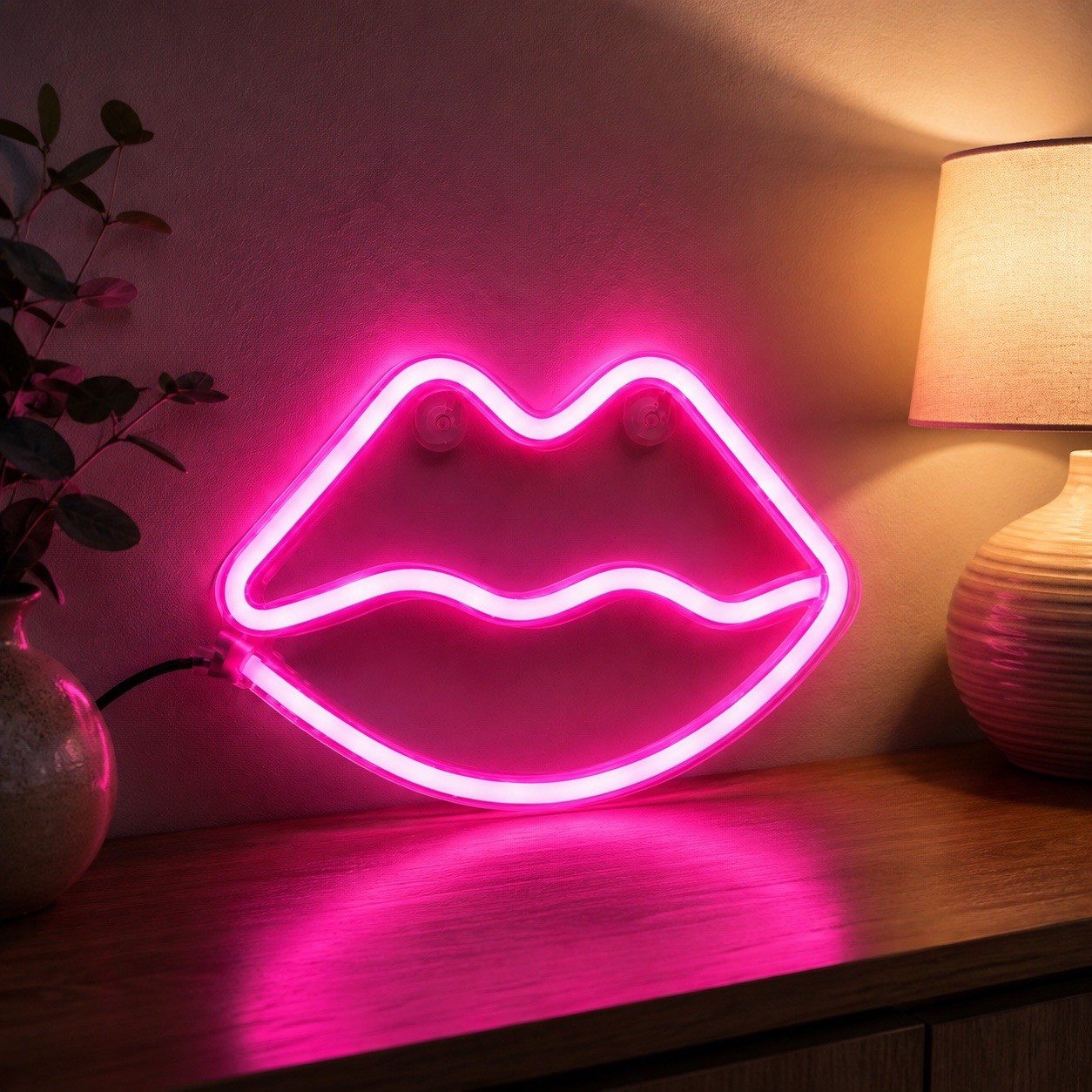 Pink Lips Neon Sign LED Light Up Wall Decor USB Battery Bedroom Party Girls Gift