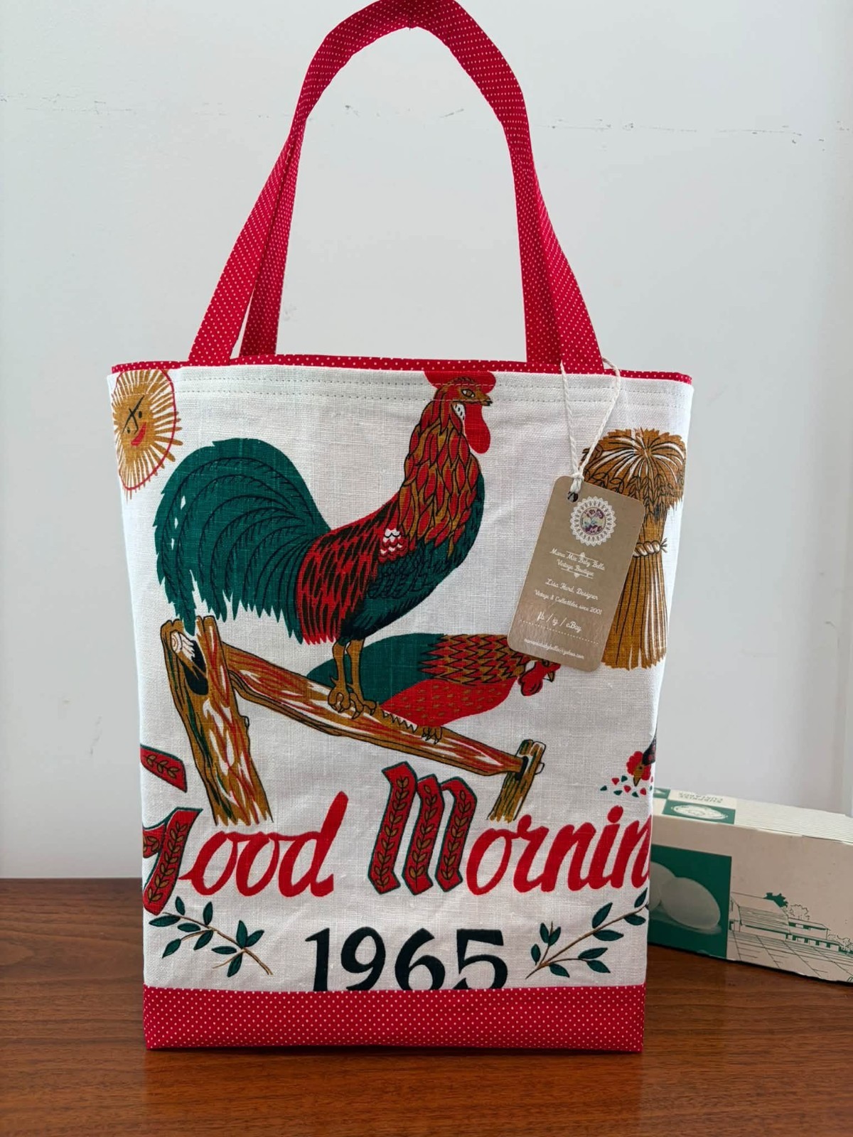 #874 Vintage 1965 Calendar GOOD MORNING Rooster Linen Kitchen Towel Tote Bag NEW