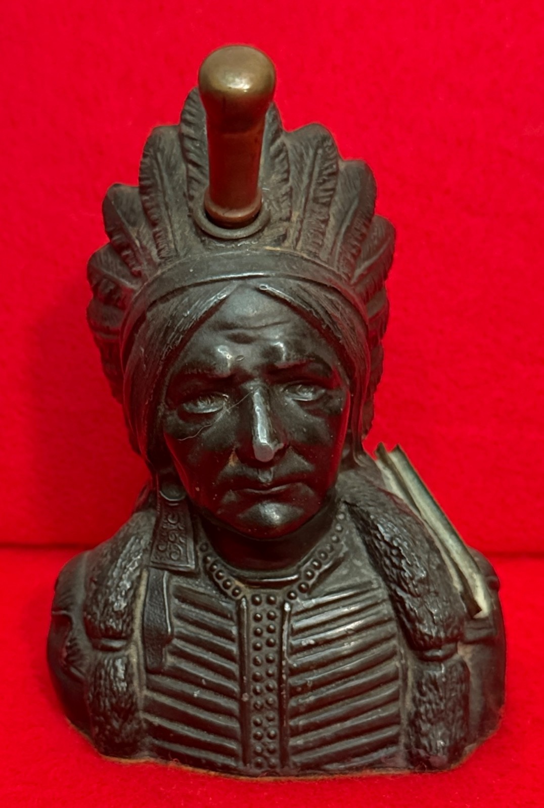 Vintage Bronze Indian Head Headdress Chief Tabletop Striker Lighter w/Striker Vintage Bronze Indian Head Headdress Chief Tabletop Striker Lighter w/Striker