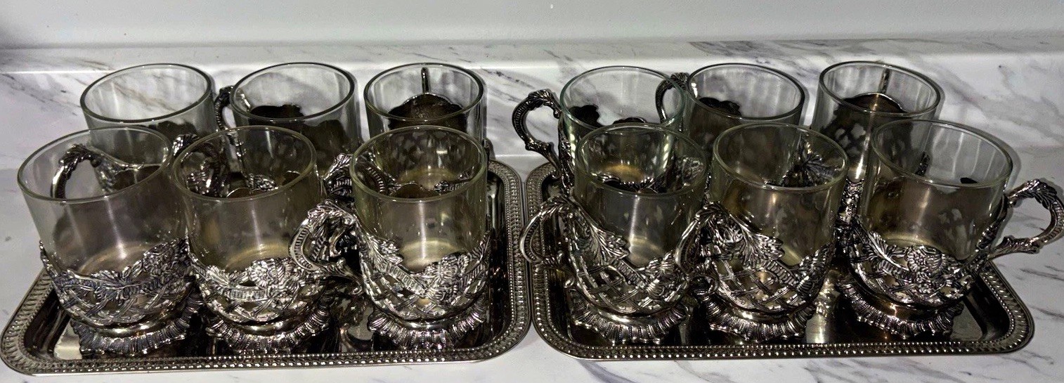 Vintage Silver Plated Russian Podstakannik Tea Glass Holders Trays Set of 12 Vintage Silver Plated Russian Podstakannik Tea Glass Holders Trays Set of 12