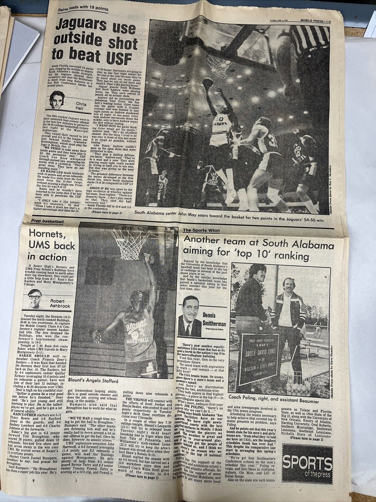 Mobile Press Register Partial Newspaper,Sports Section, from Feb 6, 1981