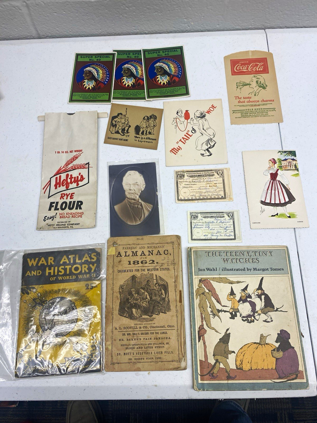 Vintage Ephemera Lot: Ad Cards, 1862 Almanac, WWII War Atlas Vintage Ephemera Lot: Ad Cards, 1862 Almanac, WWII War Atlas