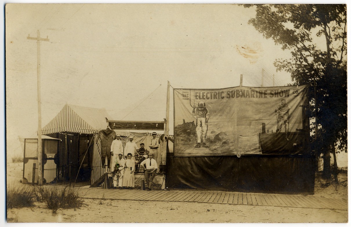 RPPC Hard Helmet Deep Sea Diver Sideshow. Ca.1912, 'The Electric Submarine Show' RPPC Hard Helmet Deep Sea Diver Sideshow. Ca.1912, 'The Electric Submarine Show'