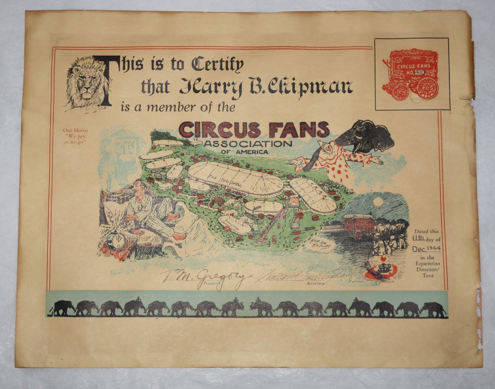 1944 CIRCUS FANS Association Of America Member Certificate EXTREMELY RARE 1944 CIRCUS FANS Association Of America Member Certificate EXTREMELY RARE