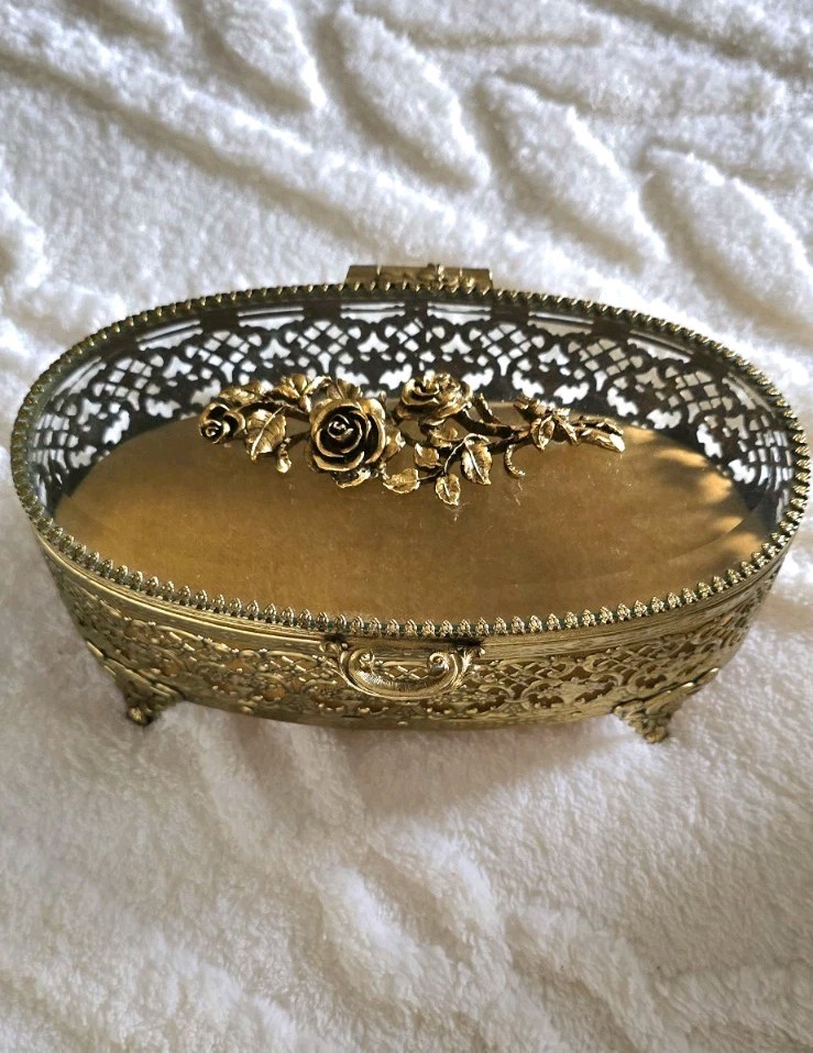 Vintage Matson Ormolu Gold Rose Casket Jewelry Box Beveled Glass Footed Velvet Vintage Matson Ormolu Gold Rose Casket Jewelry Box Beveled Glass Footed Velvet