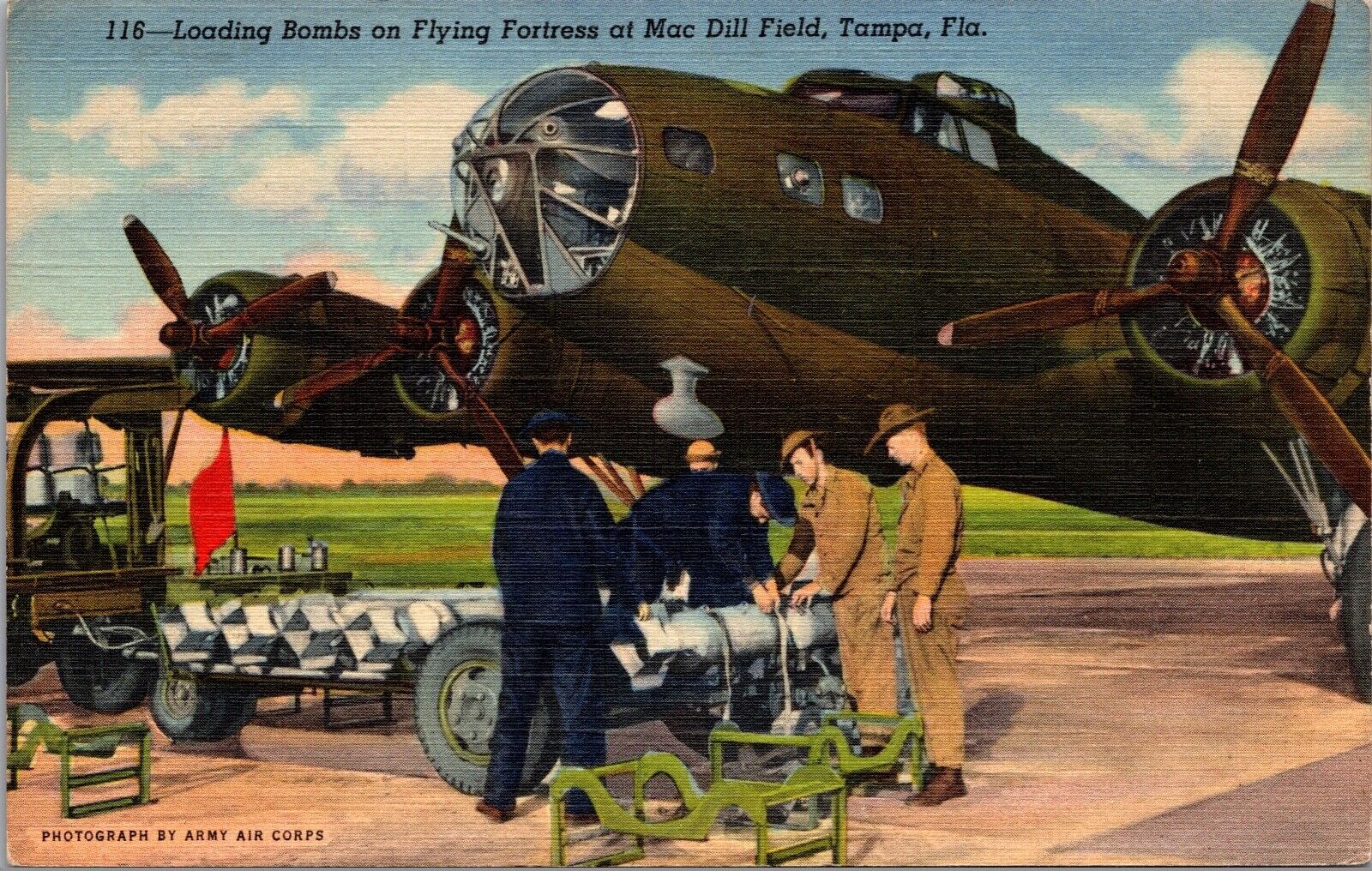 Linen Postcard Loading Bombs on Flying Fortress at Mac Dill Field Tampa Florida