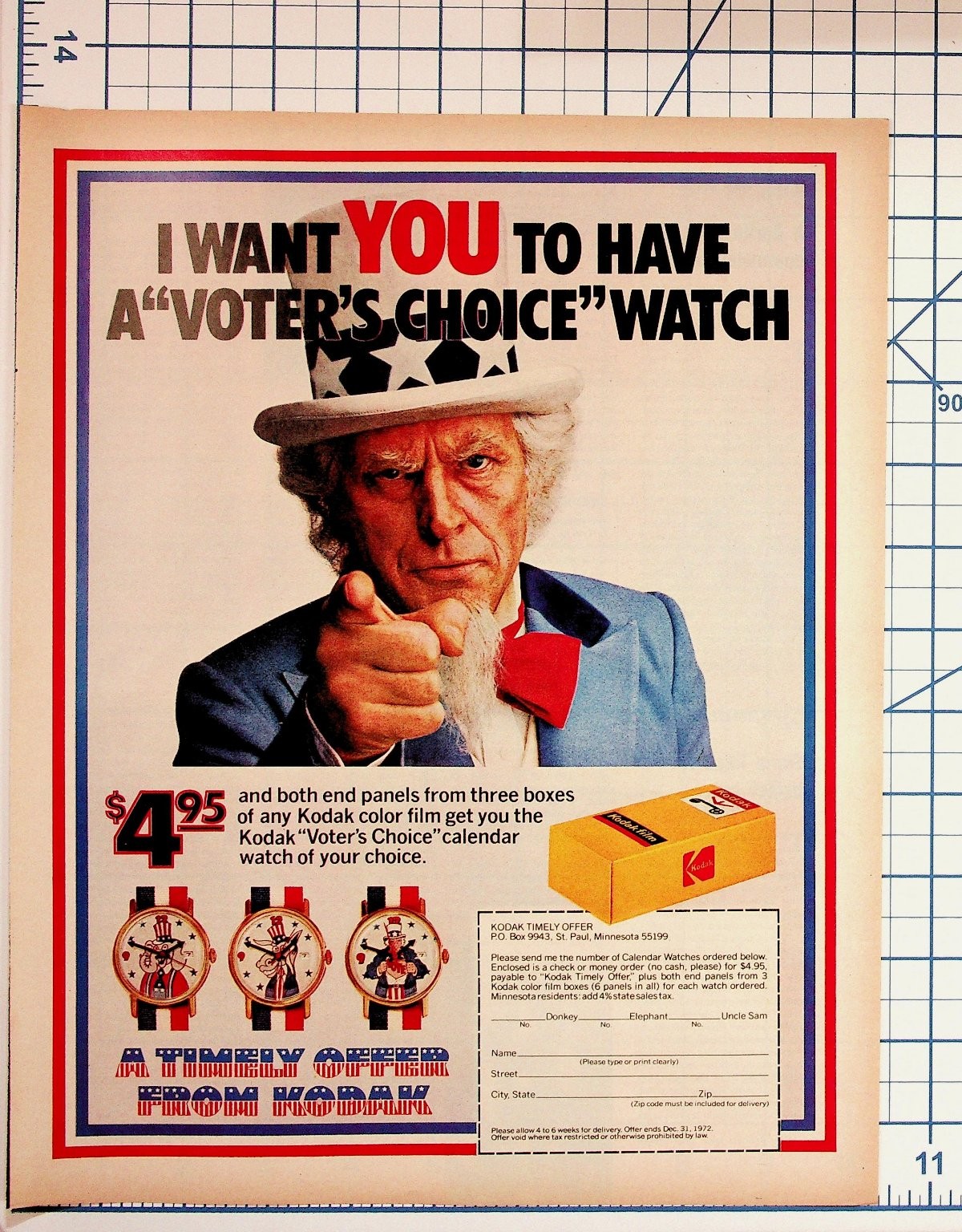 1972 Kodak Voter's Choice Watch Offer Magazine Ad Uncle Sam Political Ephemera 1972 Kodak Voter's Choice Watch Offer Magazine Ad Uncle Sam Political Ephemera