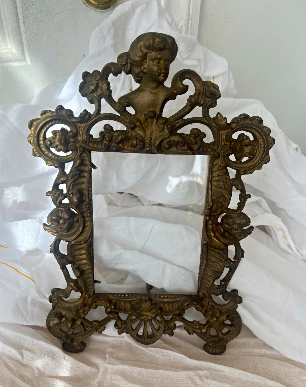 Antique Victorian Cast Brass Picture Frame Ornate Rococo Cherub 