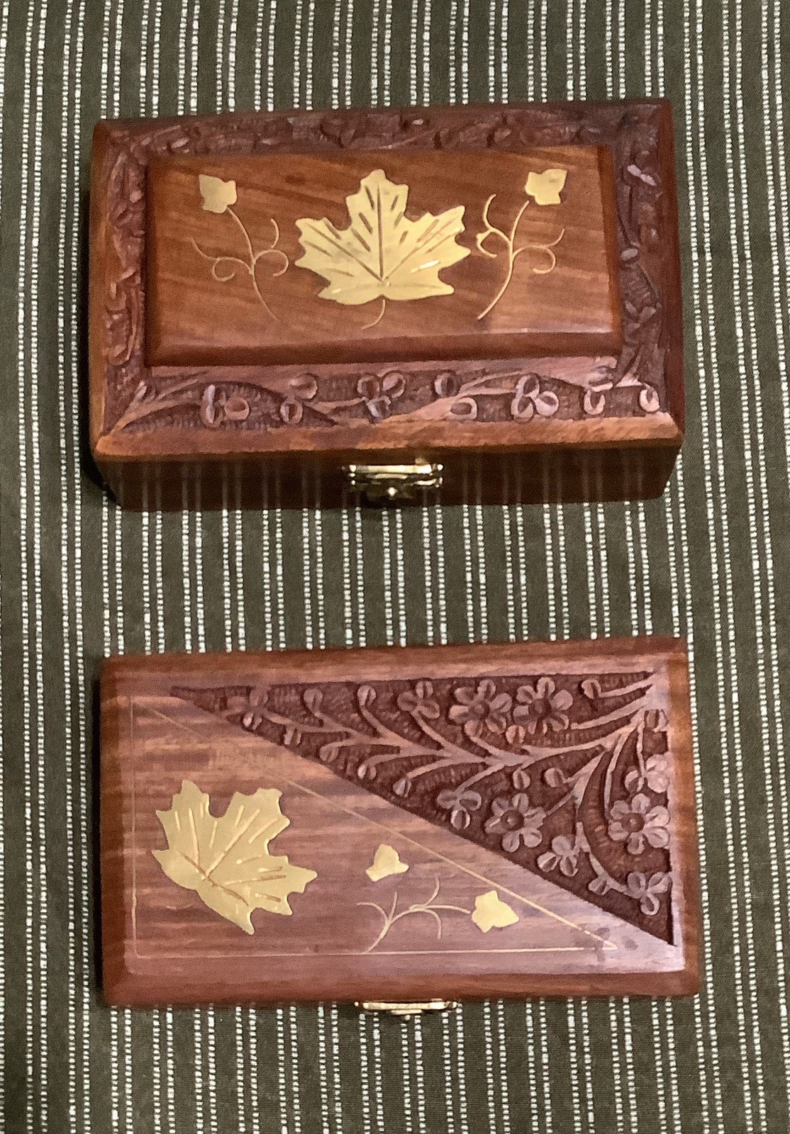 Two Vintage Hand Carved Wood Jewelry / Trinket Storage Boxes with brass inlay Two Vintage Hand Carved Wood Jewelry / Trinket Storage Boxes with brass inlay