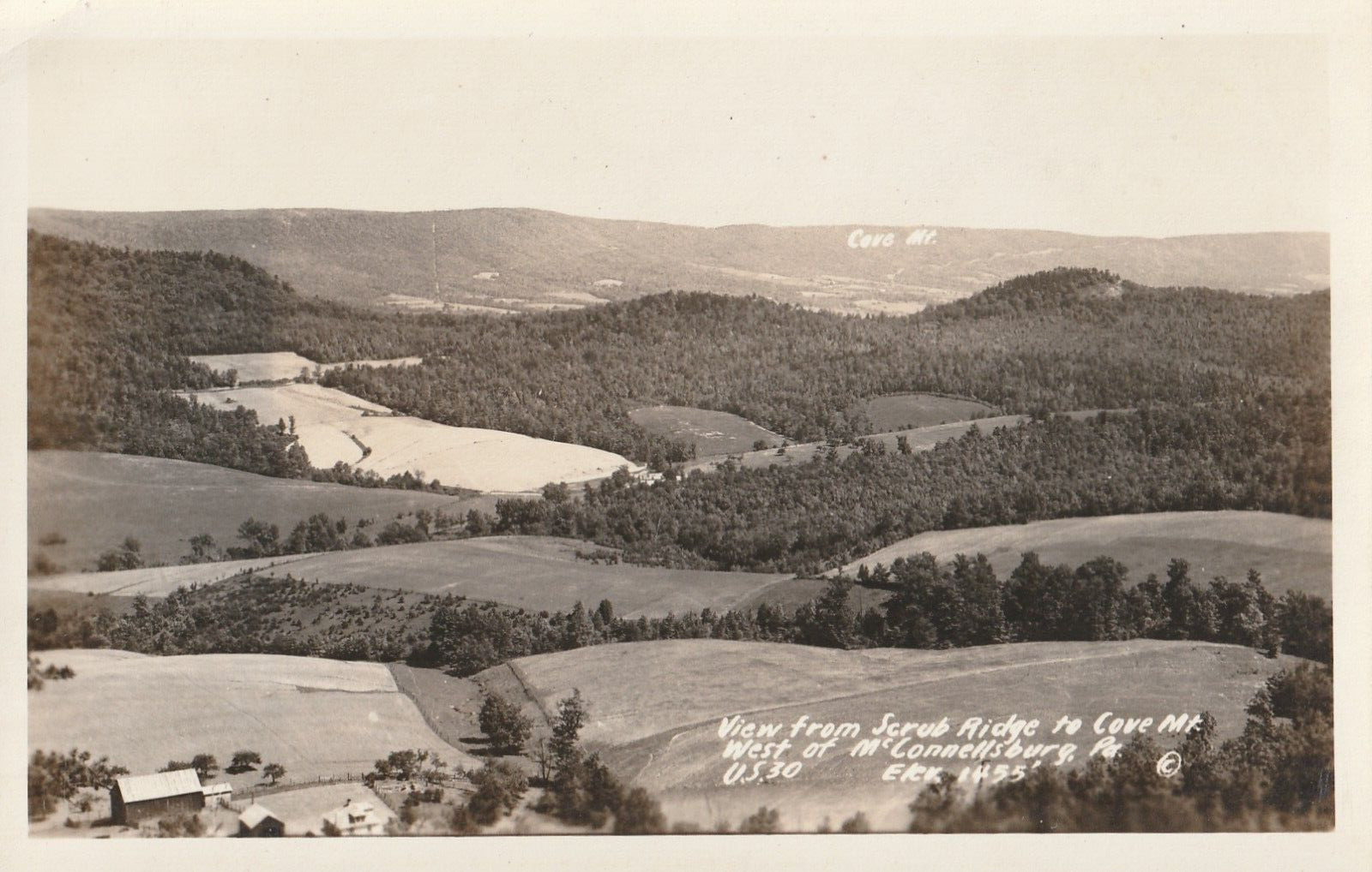 Vintage Postcard McConnellsburg PA View From Scrub Ridge to Cove Mountain B&W