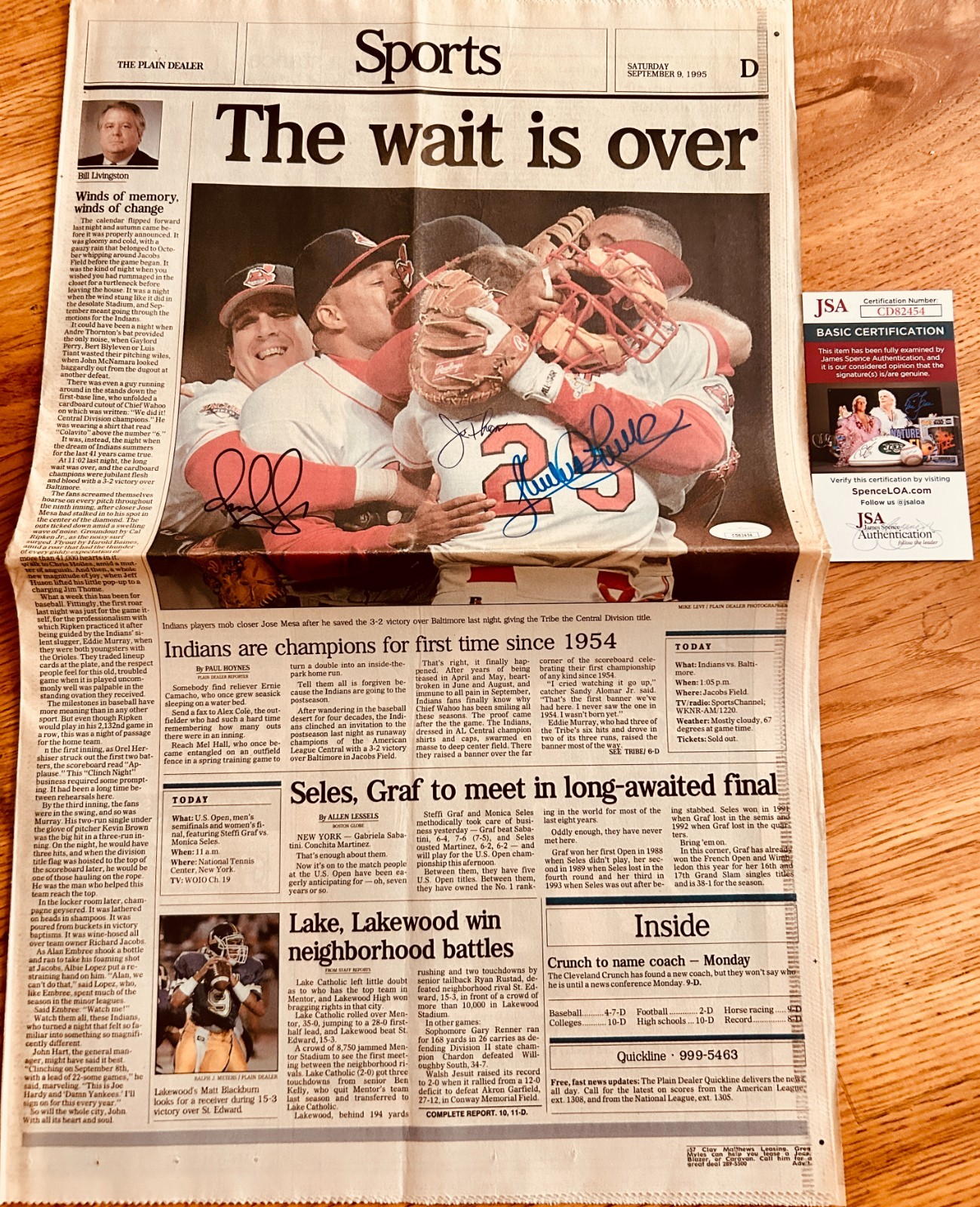 Sandy Alomar Jim Thome Omar Vizquel signed 1995 Indians AL Champs newspaper JSA Sandy Alomar Jim Thome Omar Vizquel signed 1995 Indians AL Champs newspaper JSA