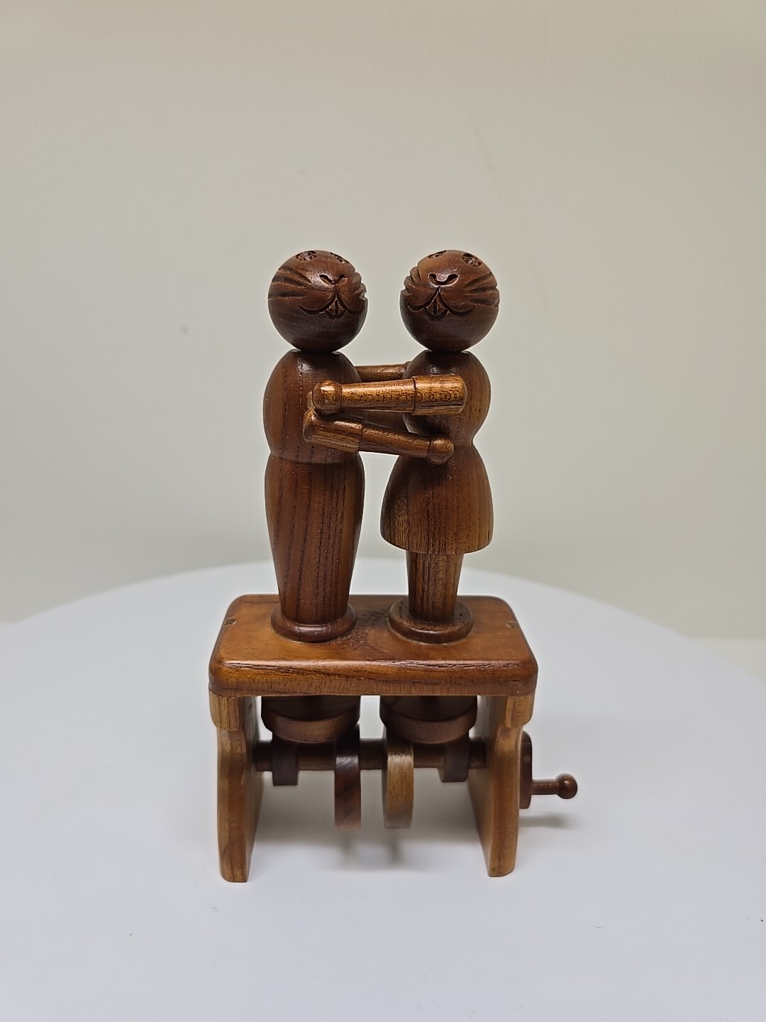 Vtg Hand Made Dancing/Kissing Rabbits Wooden Mechanical Turn Handle Folk Art D33