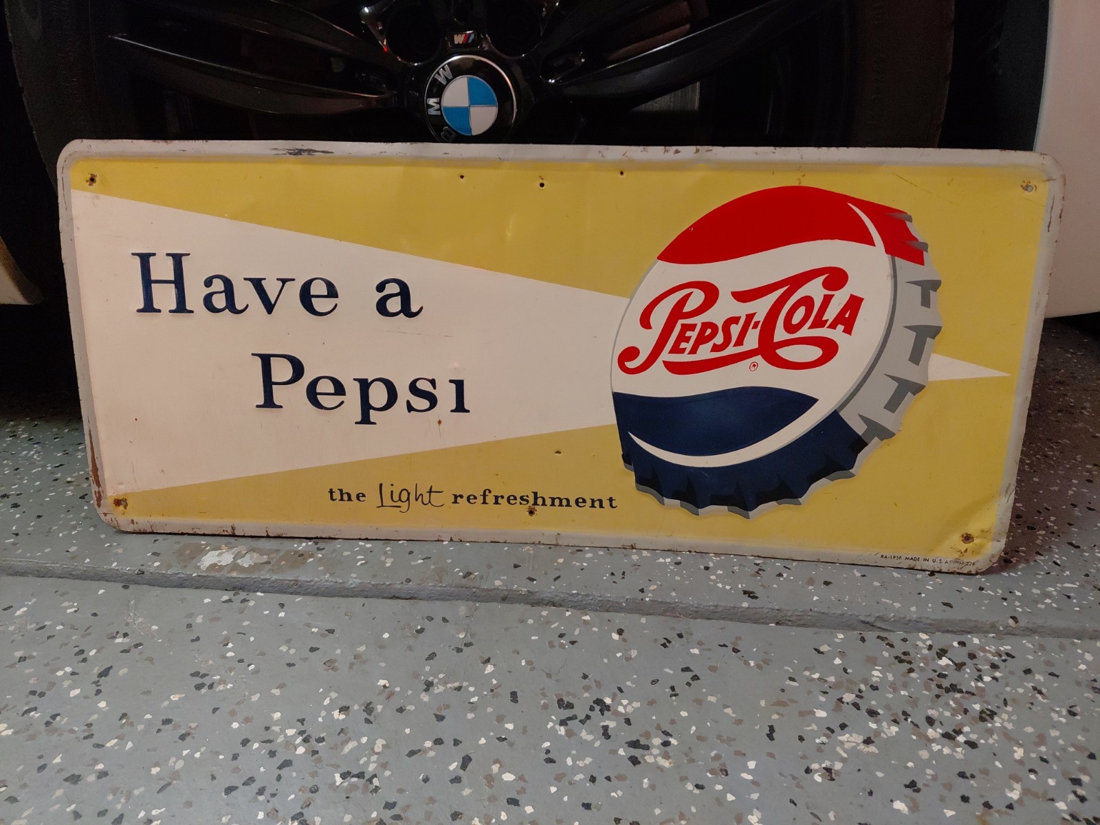 c.1950s Original Vintage Pepsi Sign Metal Embossed Bottle Cap Soda Have A Pepsi c.1950s Original Vintage Pepsi Sign Metal Embossed Bottle Cap Soda Have A Pepsi