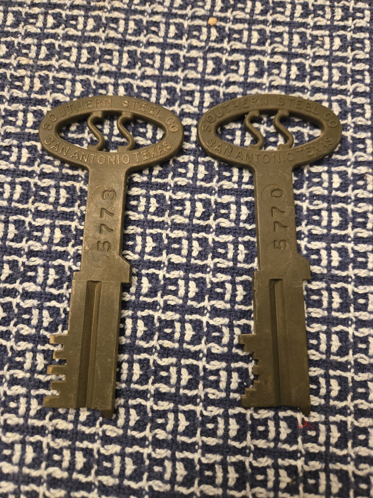 Pair of Two Vintage jail keys Southern Steel company (San Antonio TX)